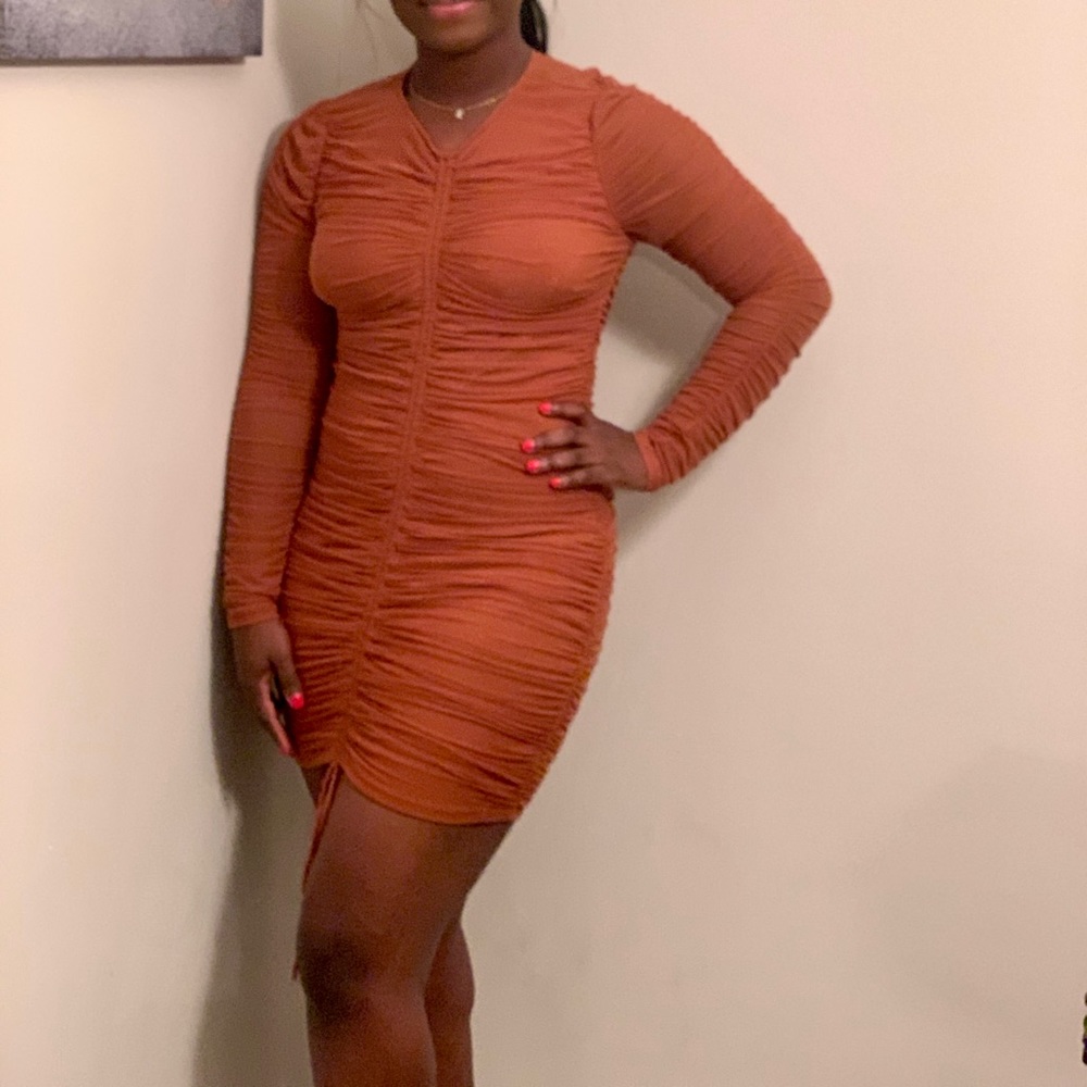 Ruched Burnt Orange mini dress with sleeves